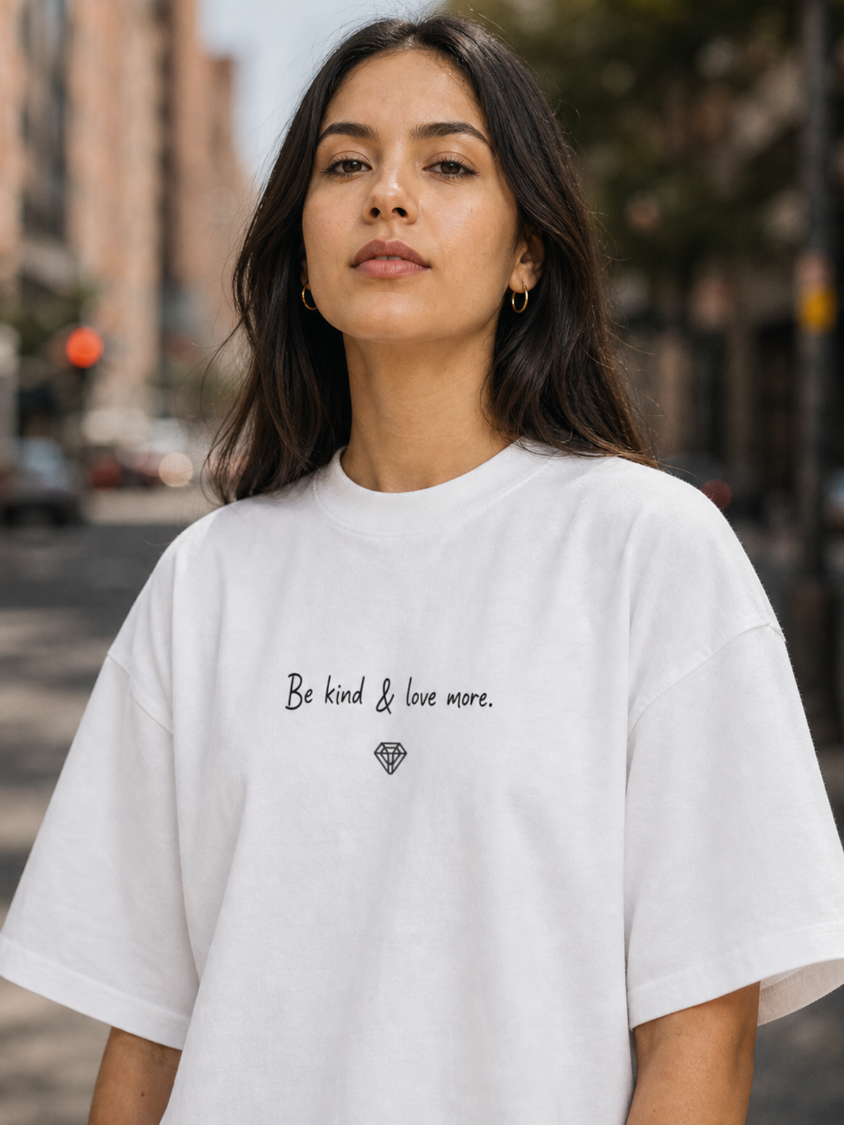 Be Kind Tee in white editorial lifestyle photo
