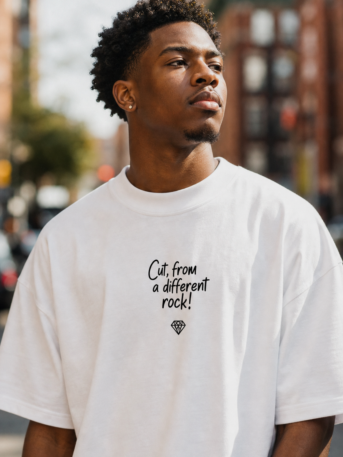Cut From a Different Rock Tee in lunar rock editorial lifestyle photo
