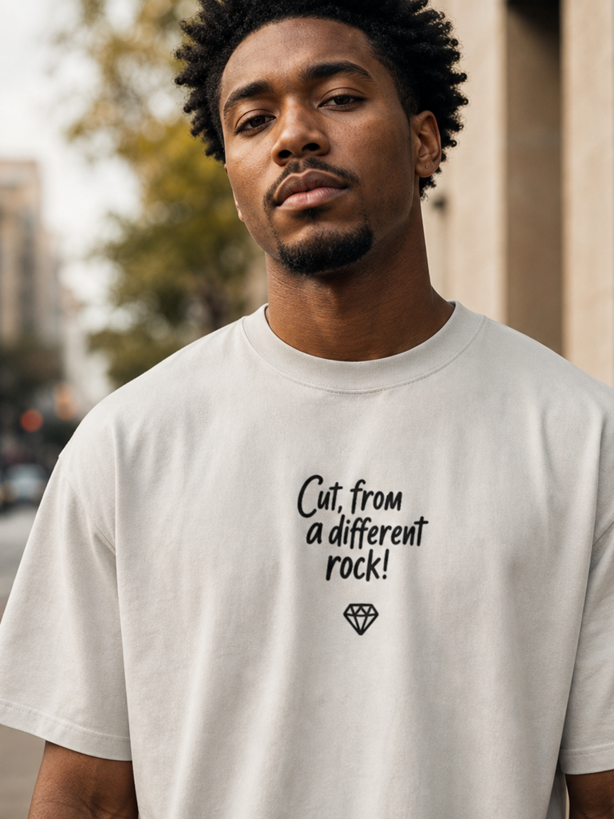 Cut From a Different Rock Tee in white editorial lifestyle photo
