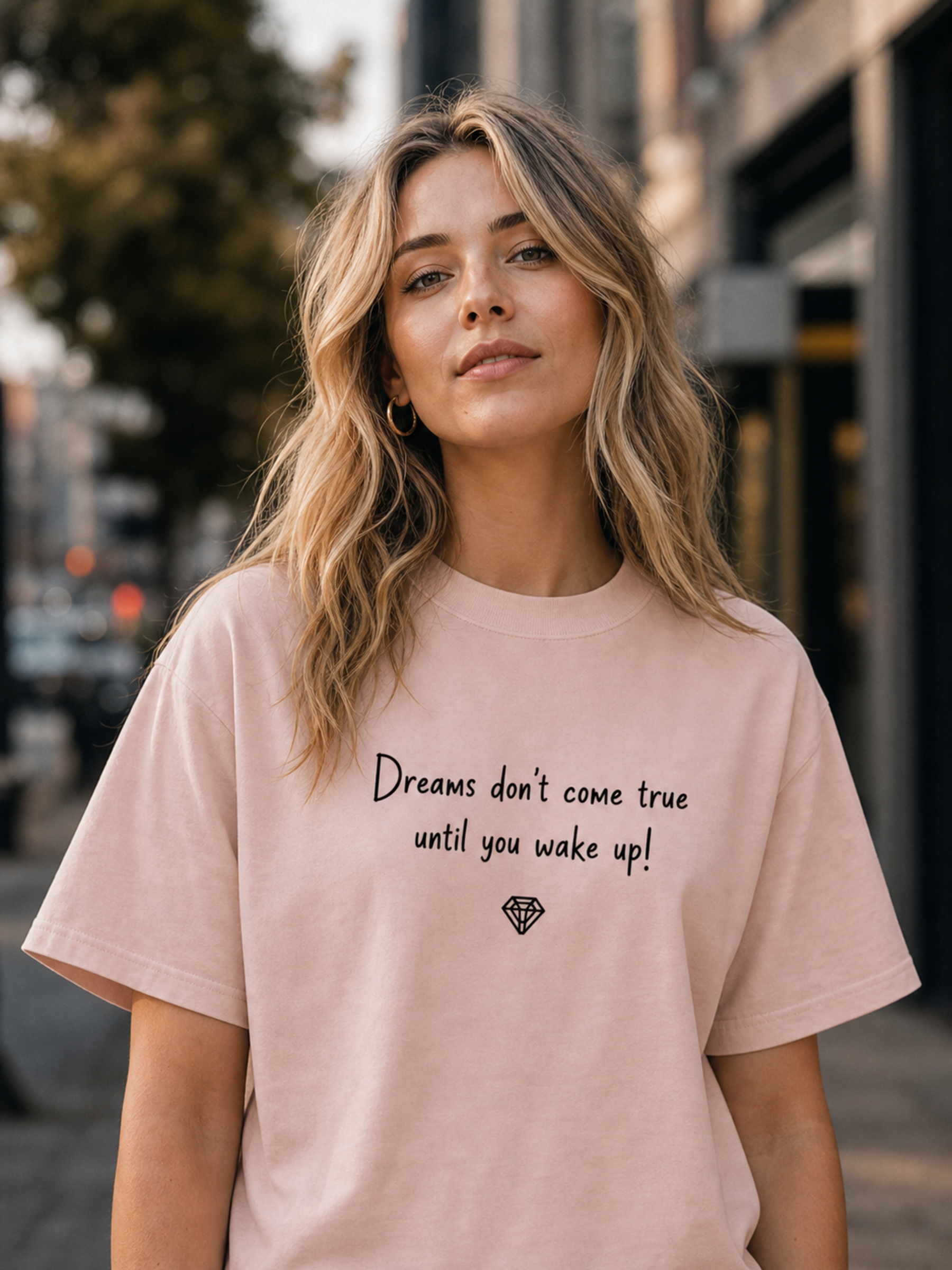 Dreams Tee in salmon editorial lifestyle photo