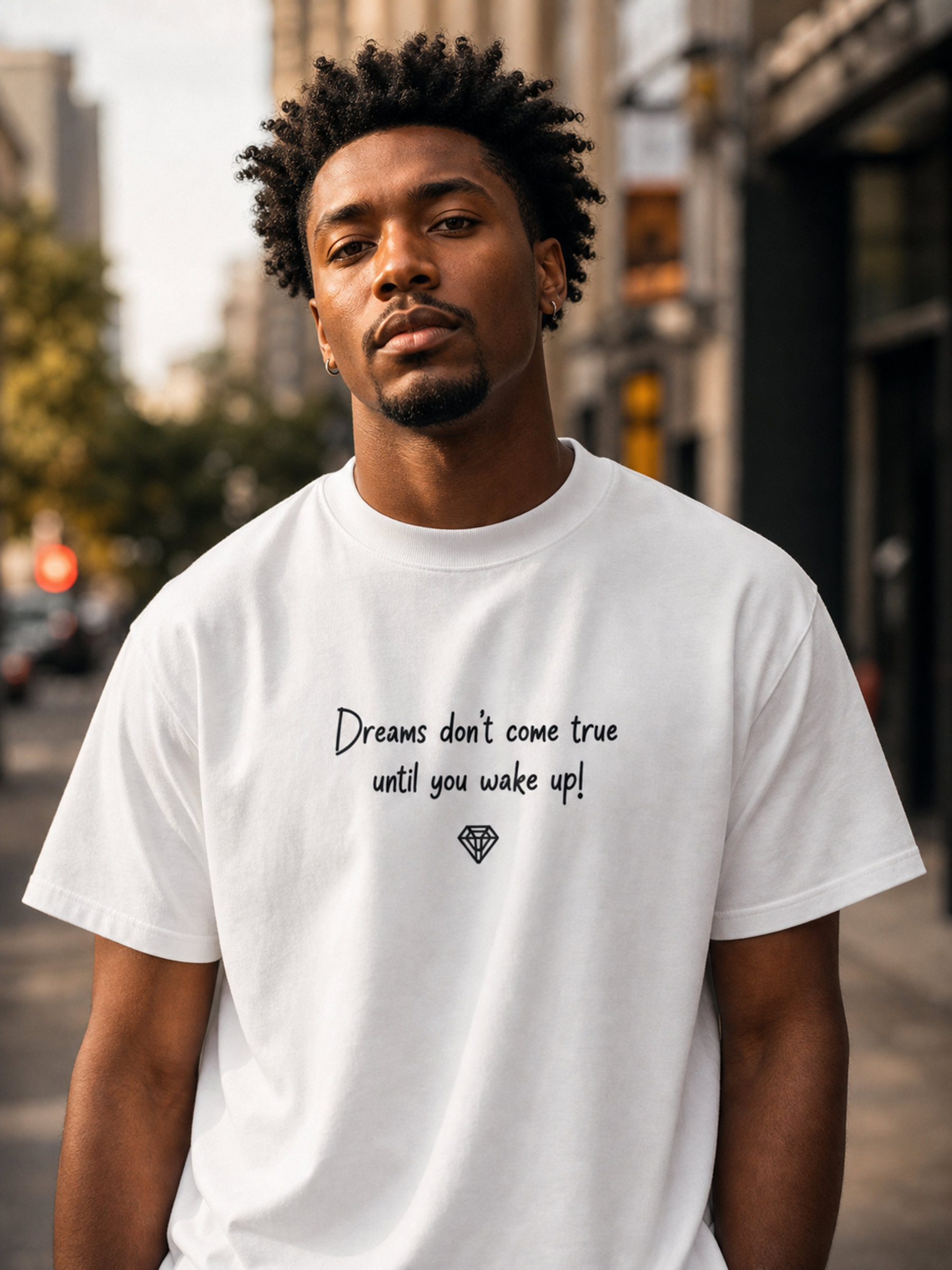 Dreams Tee in white editorial lifestyle photo