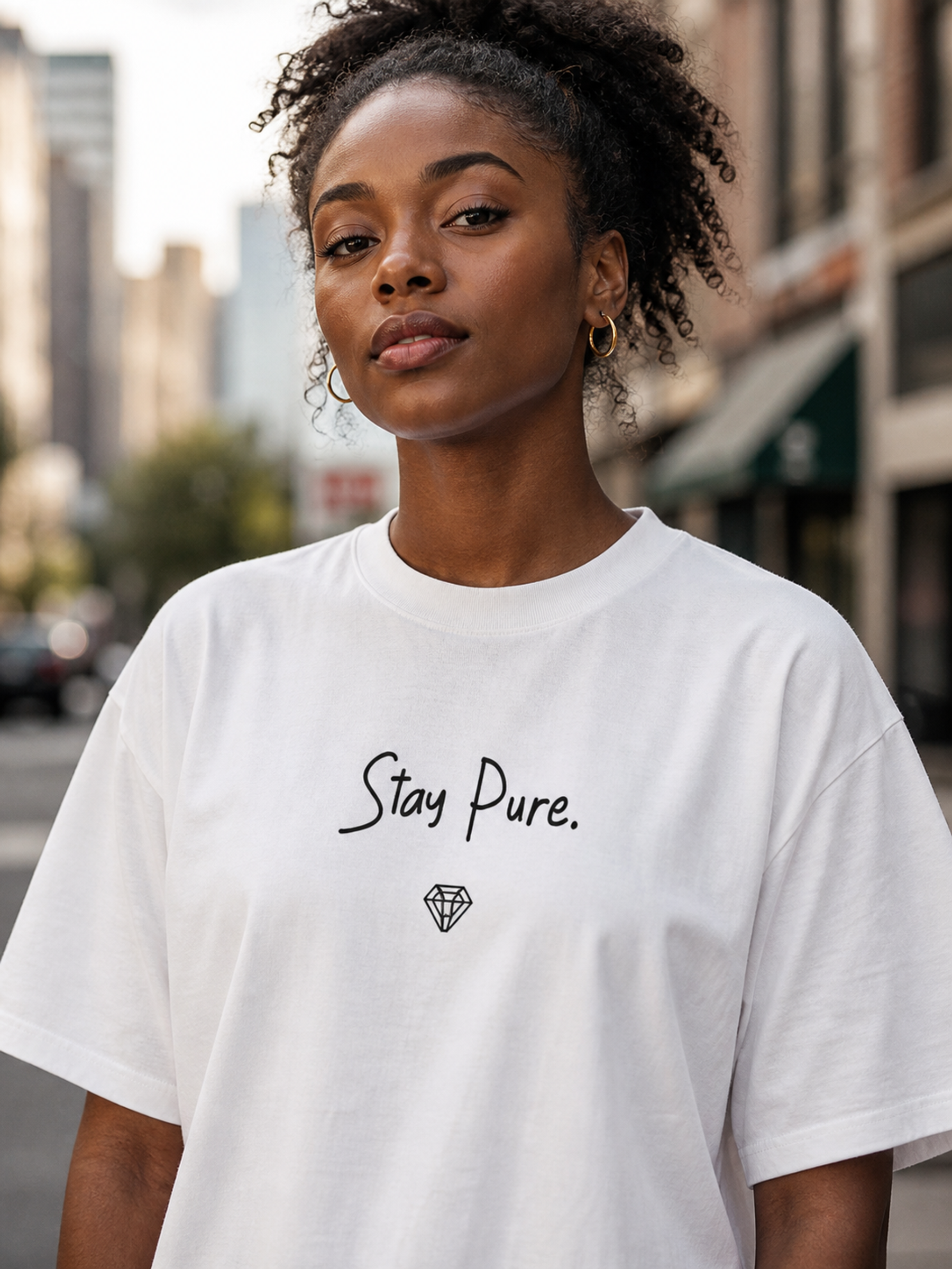 Stay Pure Tee in white editorial lifestyle photo