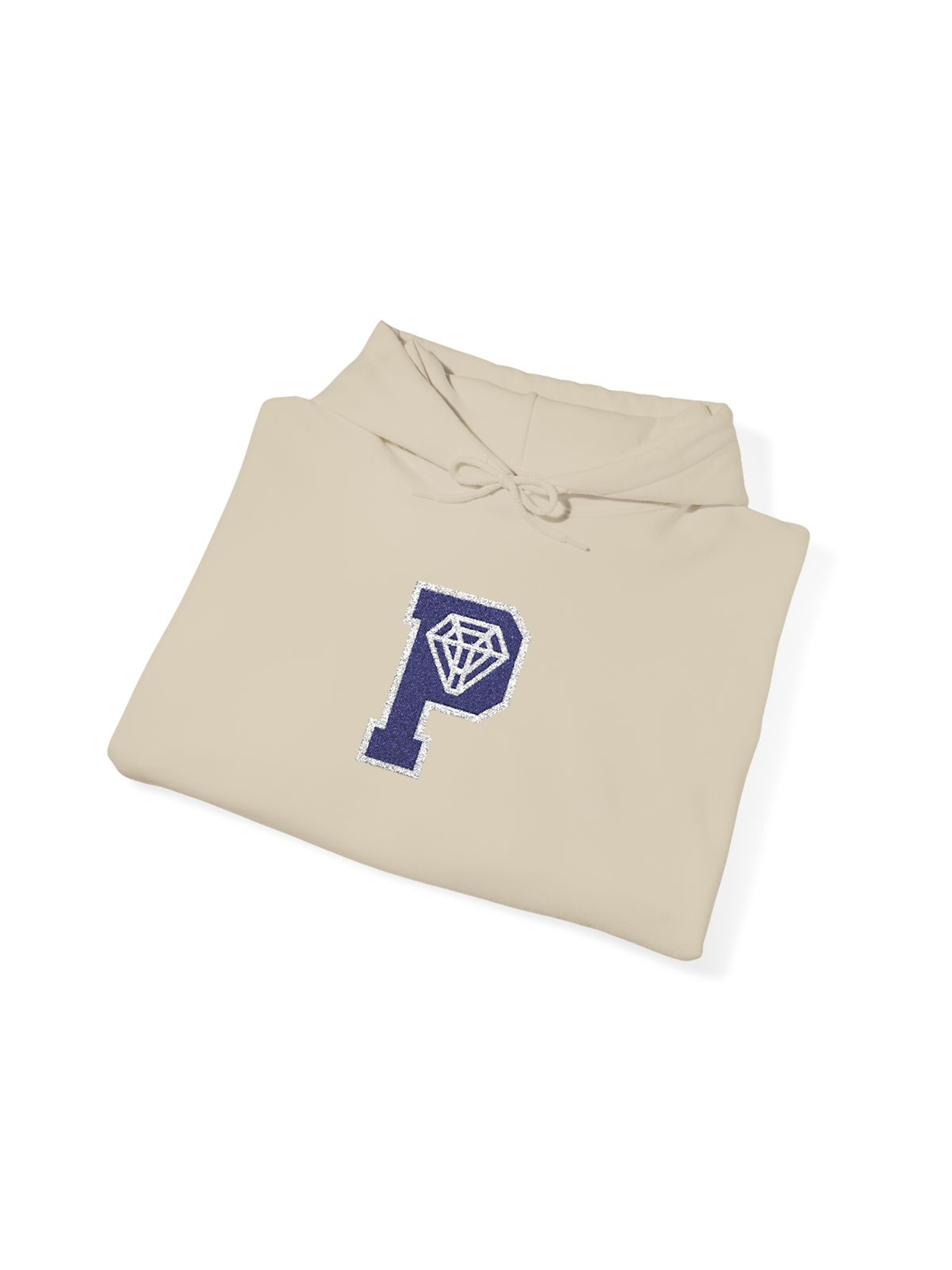 Varsity P Hoodie Sand folded product mockup