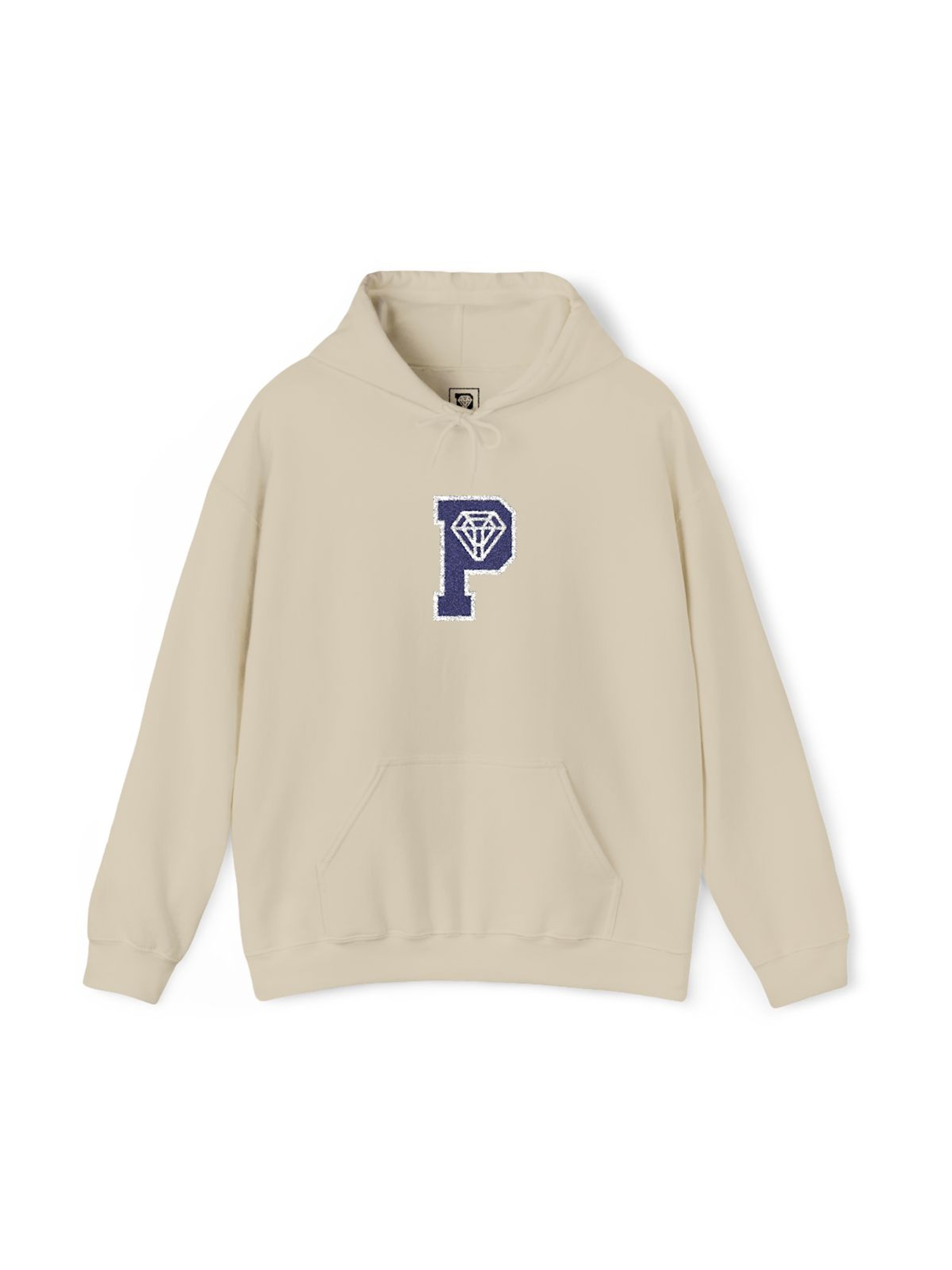 Varsity P Hoodie Sand front product mockup