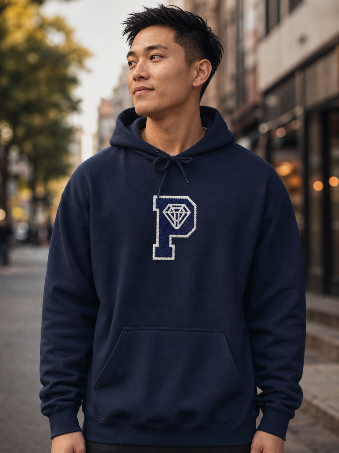 Varsity P Hoodie in Navy front editorial lifestyle photo